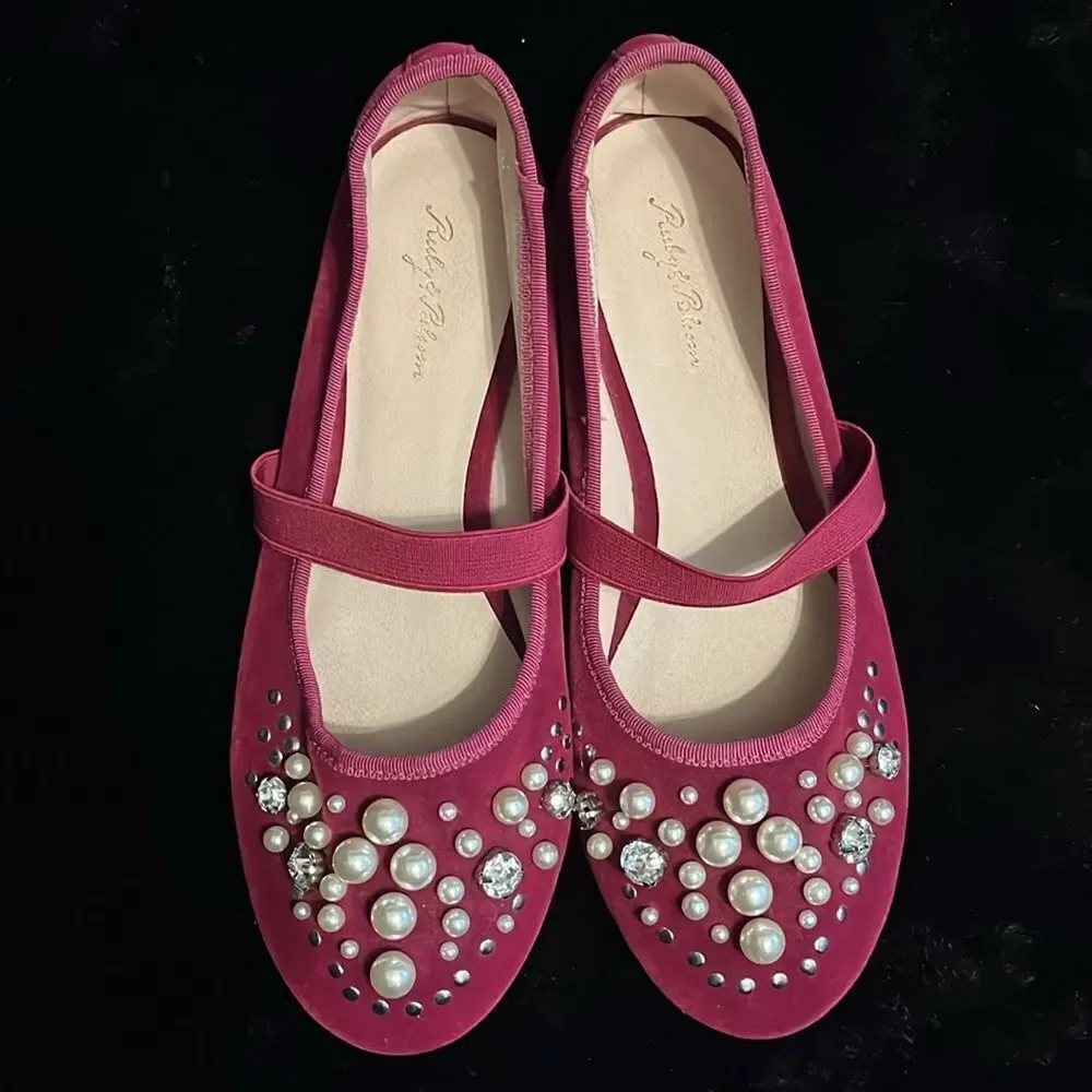 Ruby and Bloom Ballet Flats with Pearl Embellishments